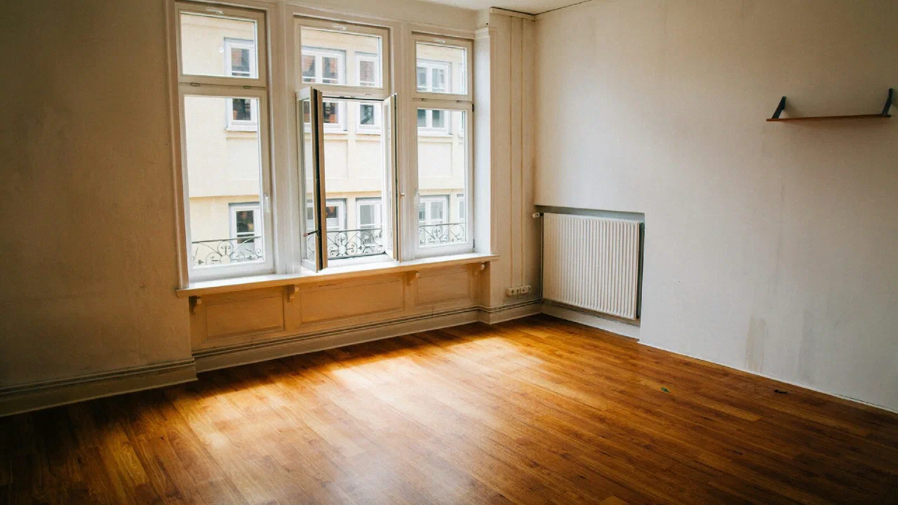 An empty room with a wooden floor and a large window